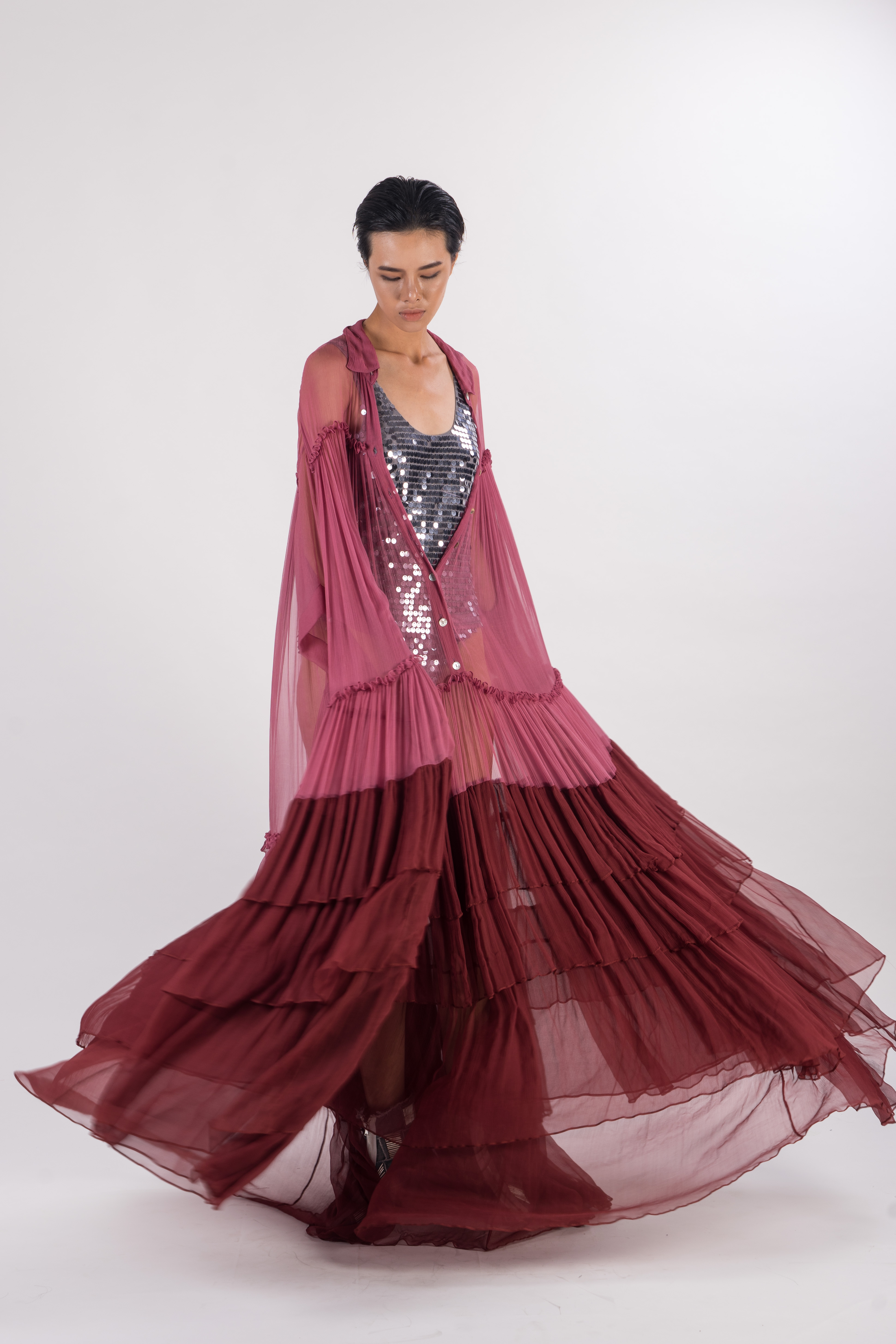 Contrasting coloured floatty chiffon buttoned down maxi dress with ruffle layers 