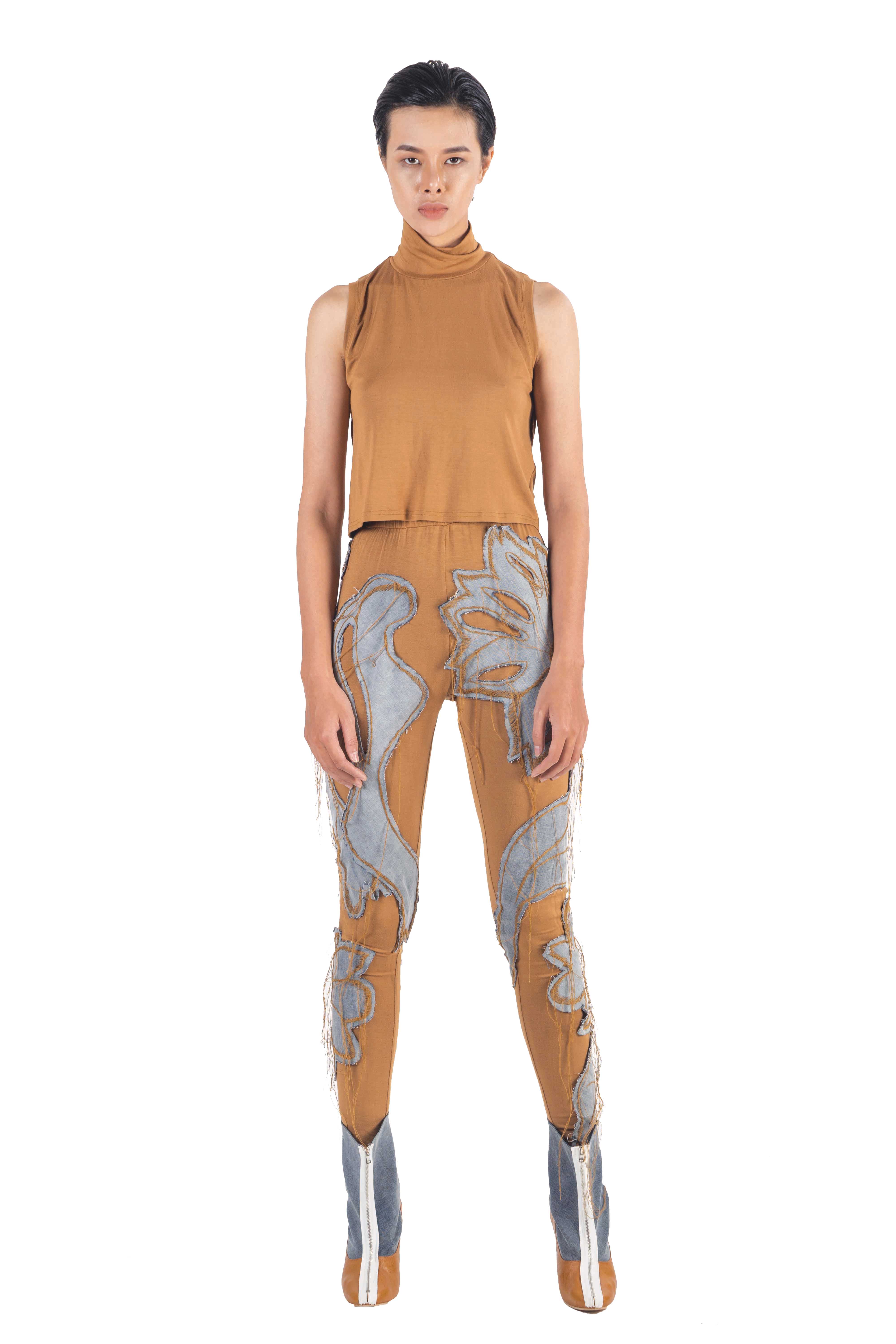 Brown leggings with washed denim hand applique