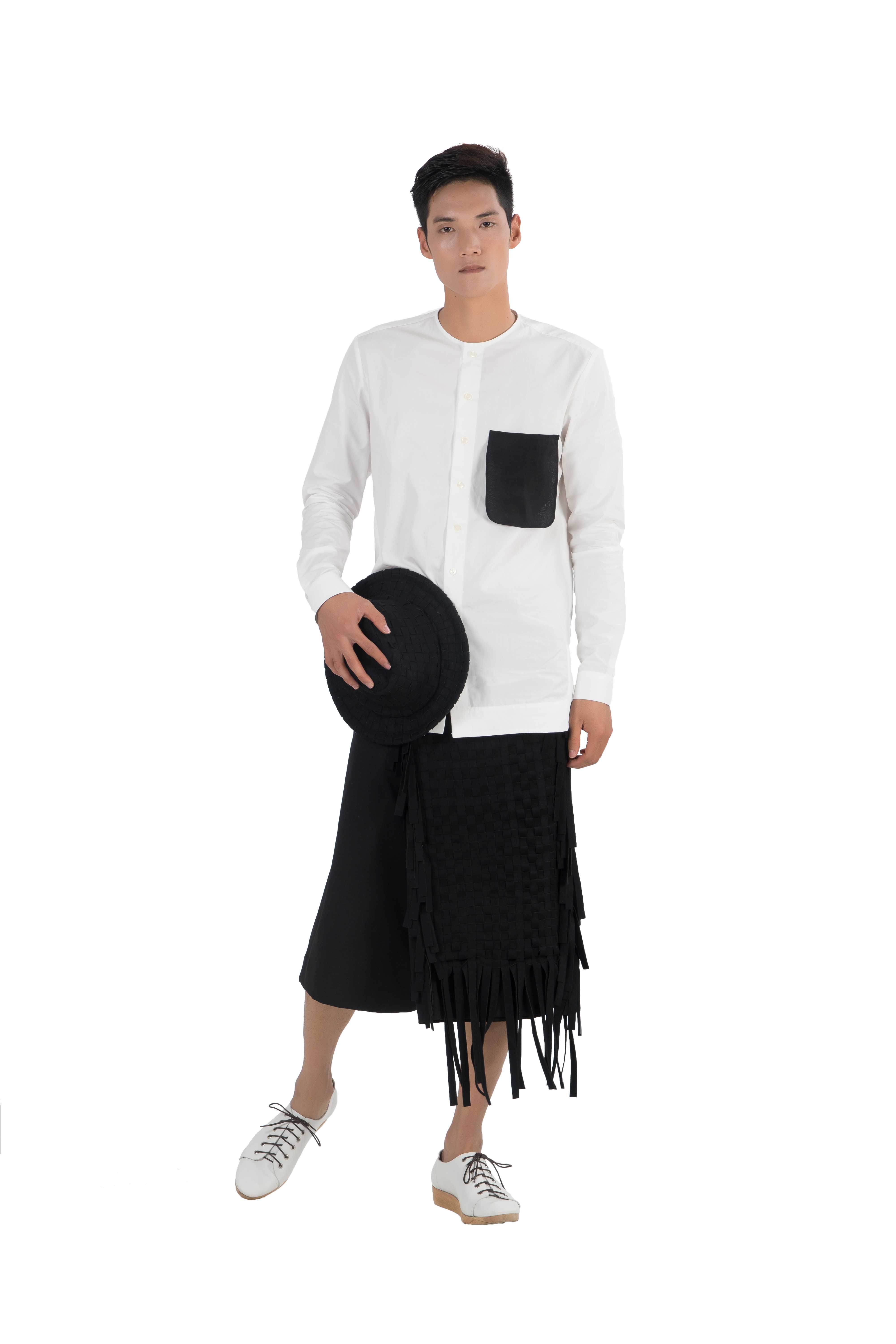 Wrap style cotton blend knee length shorts with woven panel and fringes